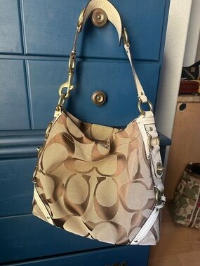 Coach Beige and Tan Signature Canvas Hobo Shoulder Bag